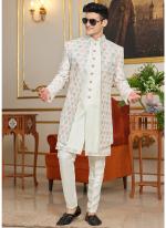 Art Silk Cream Wedding Wear Thread Work Readymade Indo Western Sherwani